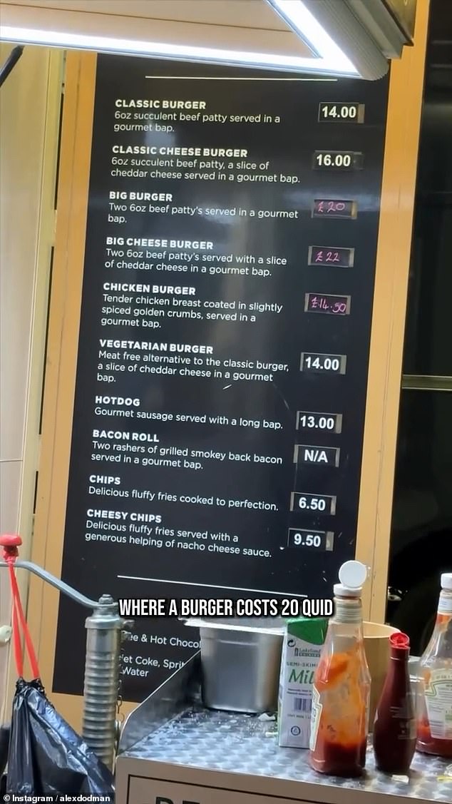 Images of the truck's menu show a 'Big Cheese Burger' costs £22 with chips another £6.50 on top