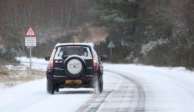 A car drives through snow at Moy near Inverness on New Years Day (1st Jan 2026) as parts of the North of Scotland woke up to a dusting of snow with more forecasted