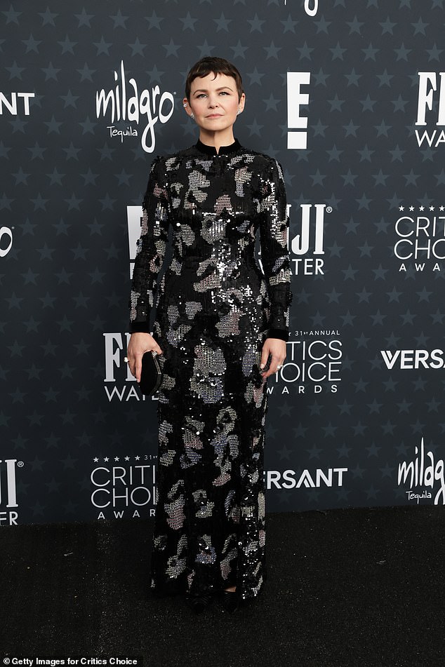 Ginnifer Goodwin, 47, wore a long-sleeve sparkling black and silver gown and a pixie hairstyle