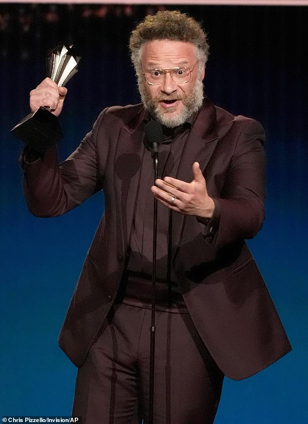 Rogen, 43, joked during his acceptance speech: 'This is so nice. As someone who deeply, deeply cares what critics think of them and their work, this is like what I'm looking for. 'I can cancel therapy this week. I'm good. I'm fixed. I'm fine, I think.'