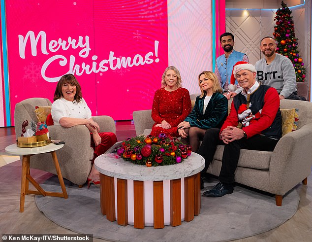 Lorraine pictured with Claer Barrett, Lucie Cave, Dr Hilary Jones, Rishi Davda, Mark Heyes at the old studio for the Christmas special