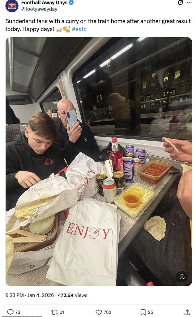 'How can they be so inconsiderate?!': Sunderland football fans bring a full takeaway curry on four-hour train from London - leaving other passengers facing a smelly journey home