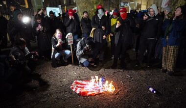 An American flag was set alight and stamped on outside Downing Streetas campaigners against Donald Trump's capture of Nicolas Madurochanted 'death, death to the USA'