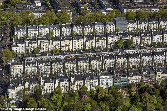 UK, London, Aerial view of rows of Victorian townhouses in Holland Park