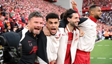 Lee Nobes (left), pictured celebrating the title win last season, dropped Hugo Ekitike from his Fantasy Premier League line-up