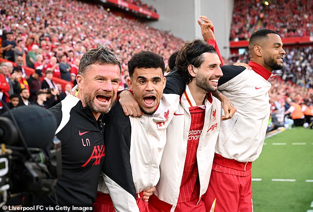 Lee Nobes (left), pictured celebrating the title win last season, dropped Hugo Ekitike from his Fantasy Premier League line-up