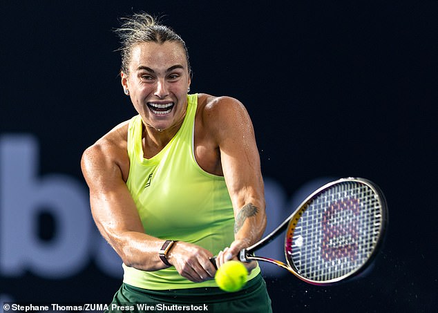 Sabalenka (pictured) was later asked about Kostyuk's refusal to shake her hand, saying: 'I don't care about that'