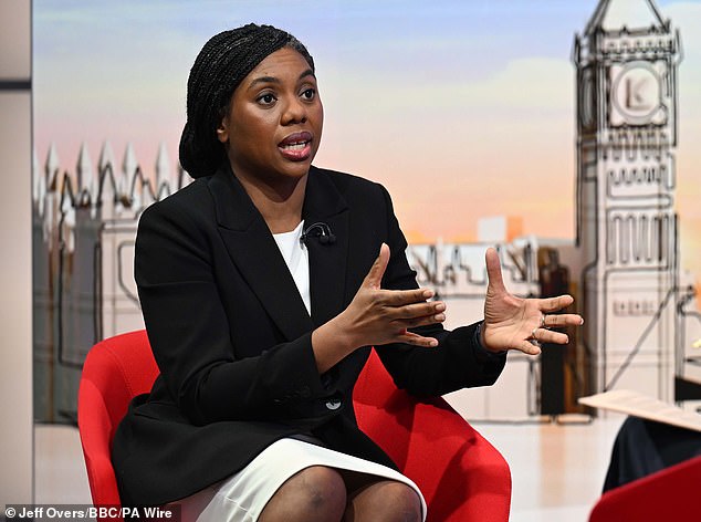 Tory leader Kemi Badenoch (pictured) said it would be right for the US to help oust the Islamic Republic's leadership and indicated she would support RAF involvement if necessary