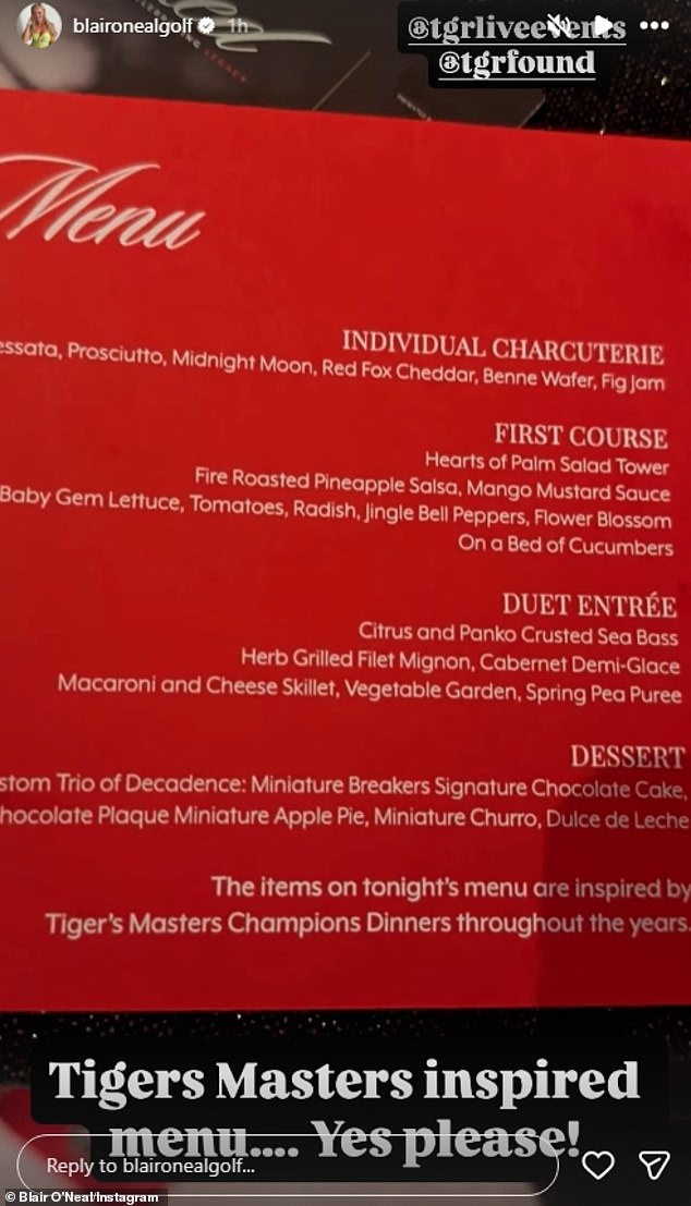 Tiger borrowed a few menu items from his successful visits to Augusta National