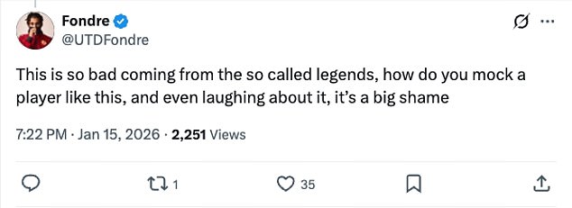 United fans accusing the former players of showing a lack of respect towards Lisandro Martinez, who has been a key figure in United¿s defence in recent seasons