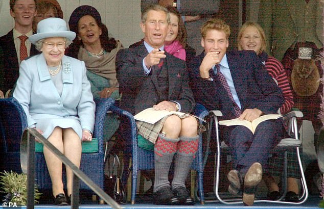 Pictured: William joins the late Queen and then Prince Charles for the Braemar Games in 2001. The annual Highland games are a key part of the Royals' Scottish calendar and many were hopeful that the prince might finally don the beloved royal tartan
