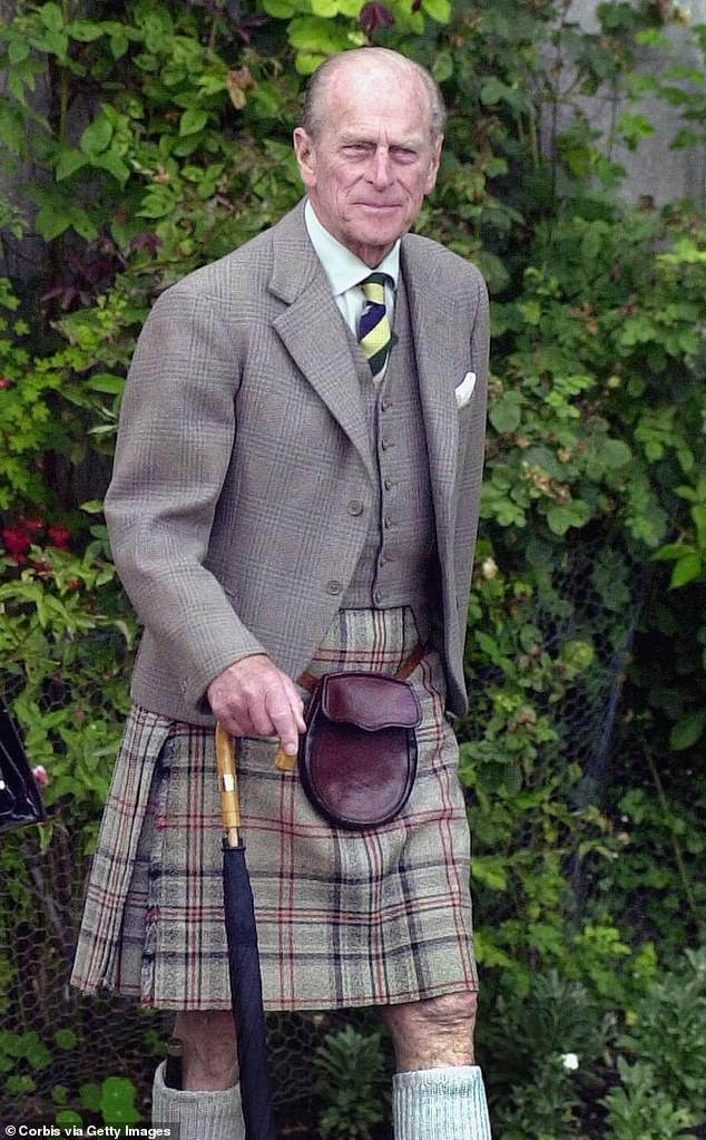 Generations of men, including the late Queen Elizabeth's grandfather King George V, her father King George VI, and, of course, the Queen herself along with Prince Philip (pictured) and their four children have continued the Kilt-wearing custom over the years