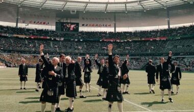 The Scotland team arrive at the Stade De France during the 1998 World Cup