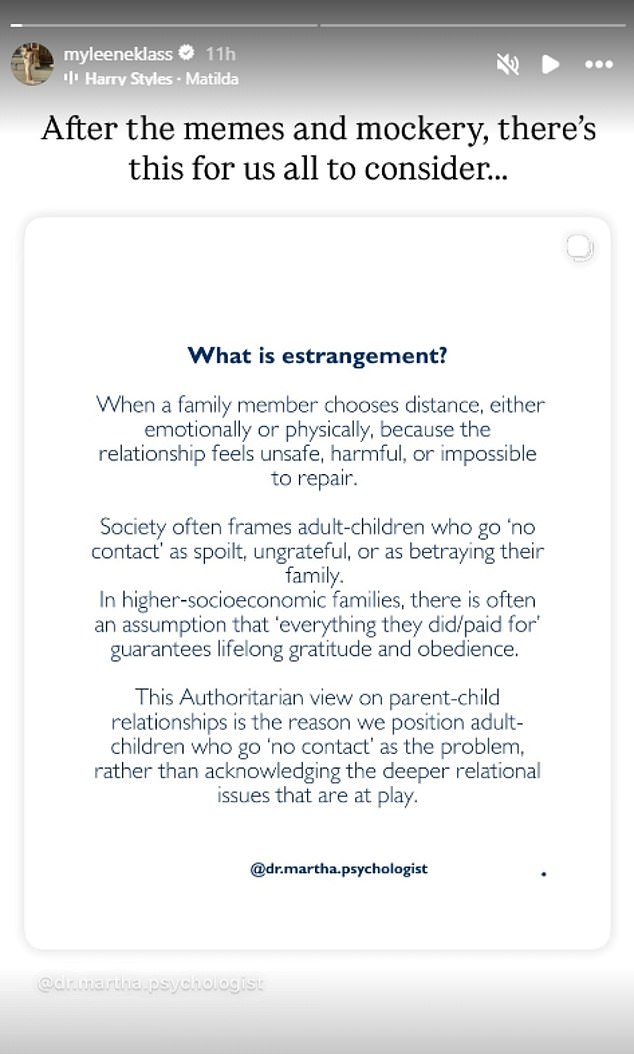 Myleene posted this explanation about family estrangement from Clinical Psychologist Dr Martha Deiros Collado, on Thursday, who directly referenced the Beckhams