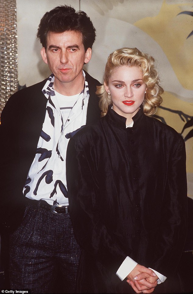 George Harrison and pop icon Madonna attend a press conference for her new film 'Shanghai Surprise' on March 6, 1986 at the Kensington Roof Gardens