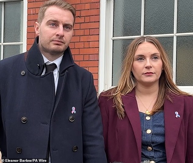 Victoria and Thomas Gillibrand, speaking outside Cheshire coroner's court in Warrington