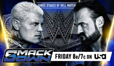 A graphic for the WWE SmackDown spoilers and results for January 9, 2025, live from Berlin, Germany, featuring Drew McIntyre and Cody Rhodes.