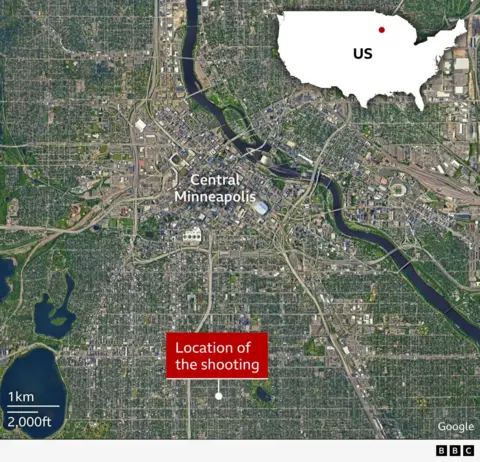 A satellite map of central Minneapolis with a red label marking the “Location of the shooting” in the southern part of the city. Central Minneapolis is labeled to the north of the scene of the shooting. 