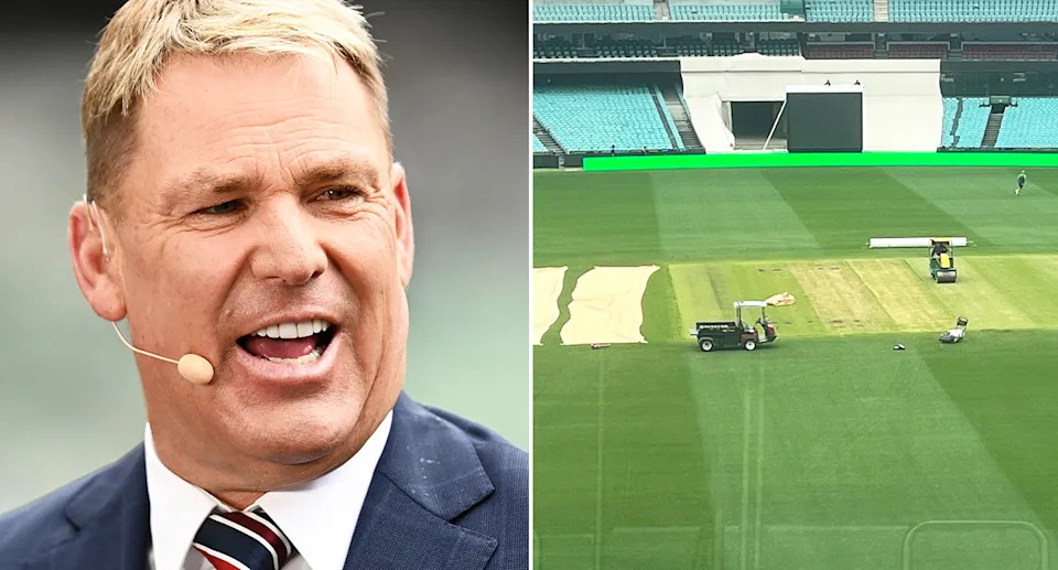 Shane Warne alongside a look at the pitch for the fifth Ashes Test at the SCG.