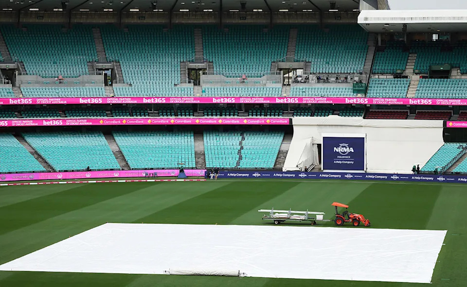 Rain covers, pictured here on the wicket prior to day one of the fifth Test between Australia and India in 2025.