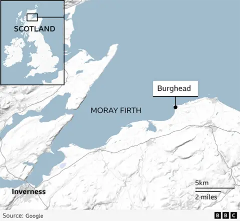 A map of the UK focusing in on Scotland and the Moray Firth coast. The locations of Inverness and Burghead are shown.