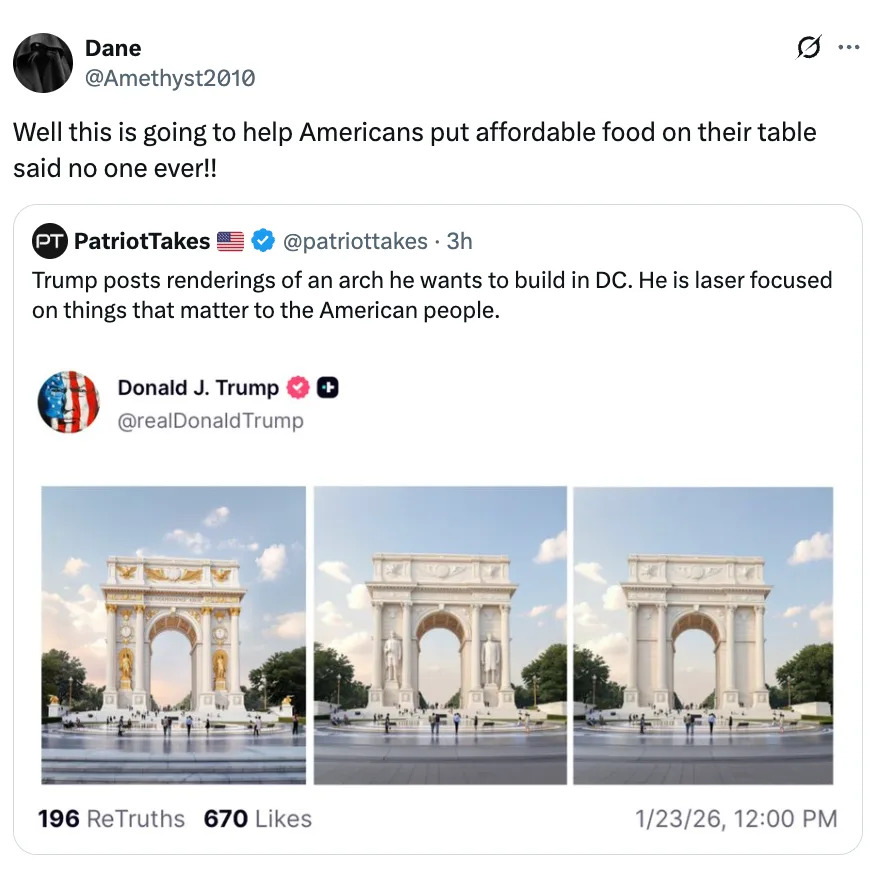 Screenshot of a tweet mocking Trump's proposed arch designs, highlighting skepticism about its relevance to American needs