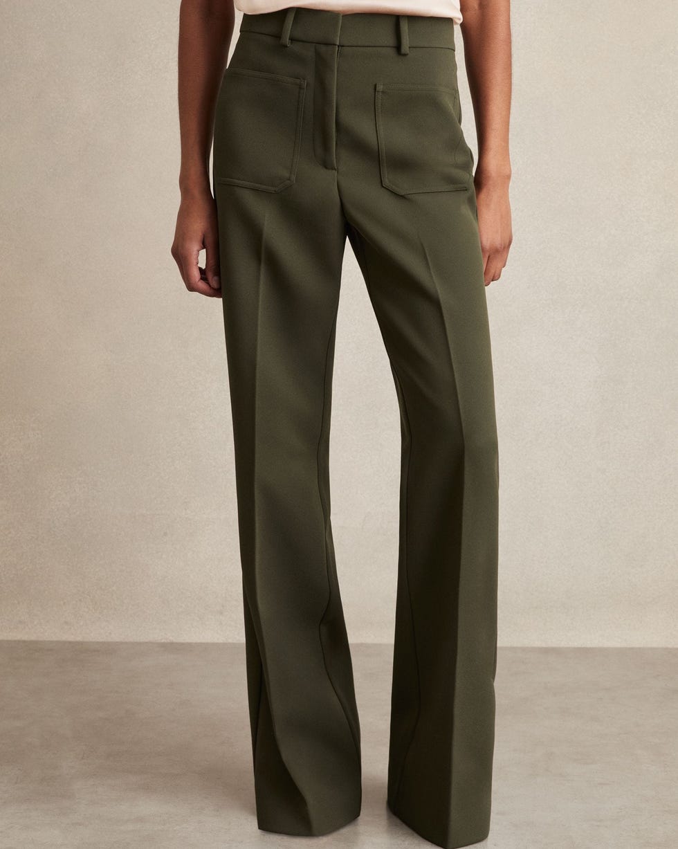 Priya Twill Patch-Pocket Flared Trousers in Green Priya Twill Patch-Pocket Flared Trousers in Green
