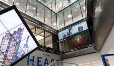 London Stock Exchange building exterior with financial district skyline, symbolizing global market activity and economic t...