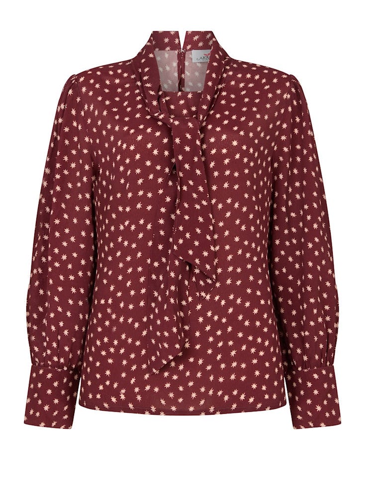Fifi Pussybow Star Print Blouse In Burgundy Fifi Pussybow Star Print Blouse In Burgundy