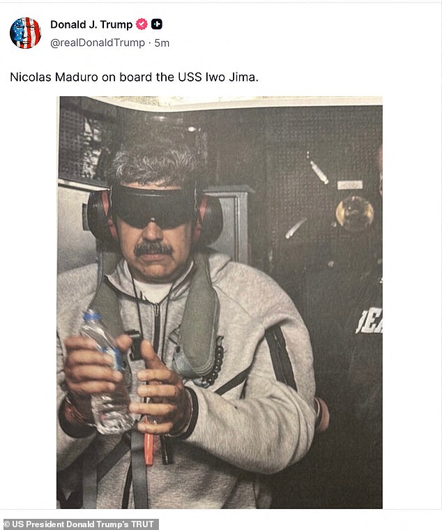 This image posted on US President Donald Trump's Truth Social account on January 3, 2026, shows what President Trump says is Venezuela's President Nicolas Maduro onboard the USS Iwo Jima after the US military captured him on January 3, 2026. President Donald Trump said Saturday that US forces had captured Venezuelan leader Nicolas Maduro after launching a "large scale strike" on the South American country. "The United States of America has successfully carried out a large scale strike against Venezuela and its leader, President Nicolas Maduro, who has been, along with his wife, captured and flown out of the Country," Trump said on Truth Social. (Photo by HANDOUT / US President Donald Trump's TRUTH Social account / AFP via Getty Images) / RESTRICTED TO EDITORIAL USE - MANDATORY CREDIT "AFP PHOTO /  US President Donald Trump's Truth Social Account / Handout" - HANDOUT - NO MARKETING NO ADVERTISING CAMPAIGNS - DISTRIBUTED AS A SERVICE TO CLIENTS