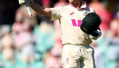 SYDNEY, AUSTRALIA - JANUARY 06: Steve Smith of Australia celebrates making a century during day three of the Fifth Test in the 2025/26 Ashes Series between Australia and England at Sydney Cricket Ground on January 06, 2026 in Sydney, Australia. (Photo by Robert Cianflone/Getty Images)