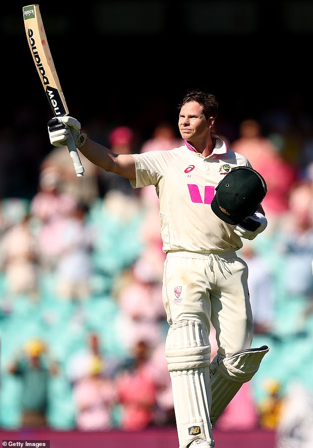 SYDNEY, AUSTRALIA - JANUARY 06: Steve Smith of Australia celebrates making a century during day three of the Fifth Test in the 2025/26 Ashes Series between Australia and England at Sydney Cricket Ground on January 06, 2026 in Sydney, Australia. (Photo by Robert Cianflone/Getty Images)