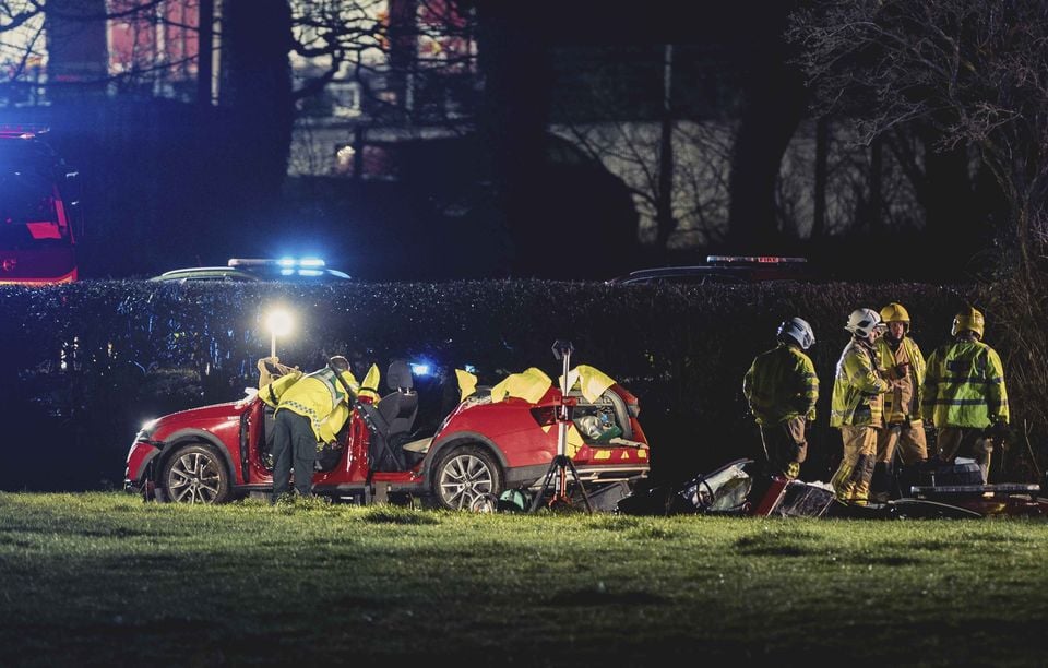 Firefighters at the scene of a RTC involving a fire car on the Mallusk Road on January 6th 2025 (Photo by Kevin Scott) 
