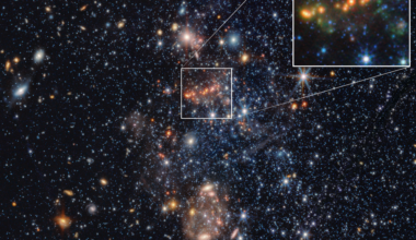 A region of space is filled with stars and clumps of glowing orange and tan dust. A small portion of the sky at the center of the image is outlined with a white box. Lines extend from the corner of the box to the inset panel at the top right showing a magnified version of the outlined portion of the image. In the inset, there are smatterings of dim whitish-blueish stars and about seven glowing red orbs across the center in a line. Also across the center of the inset is a green glow. The background of the image is filled with stars and galaxies of various shapes and colors.