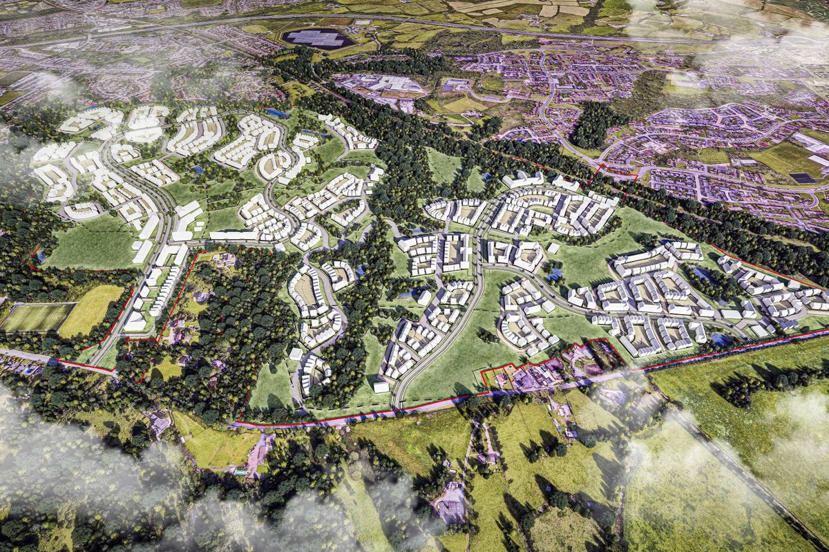 Aerial CGI of the Godley Green Garden Village scheme for Tameside
