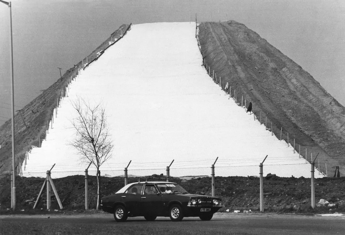Dominating the Kirkby skyline, the new artificial ski slope in Bewley Road, Friday 5th April 1974.