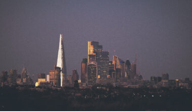 City of London skyline with modern skyscrapers under a clear blue sky, showcasing iconic financial district architecture
