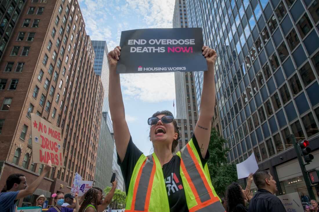 A demonstrator holds a sign during International Overdose Awareness Day on Aug. 28, 2024 in New York City.