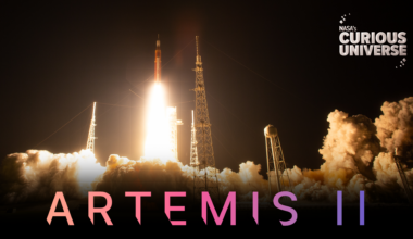 Wide shot of Artemis I liftoff. The Curious Universe logo is in the upper right corner and Artemis II is spelled in large type across the bottom.