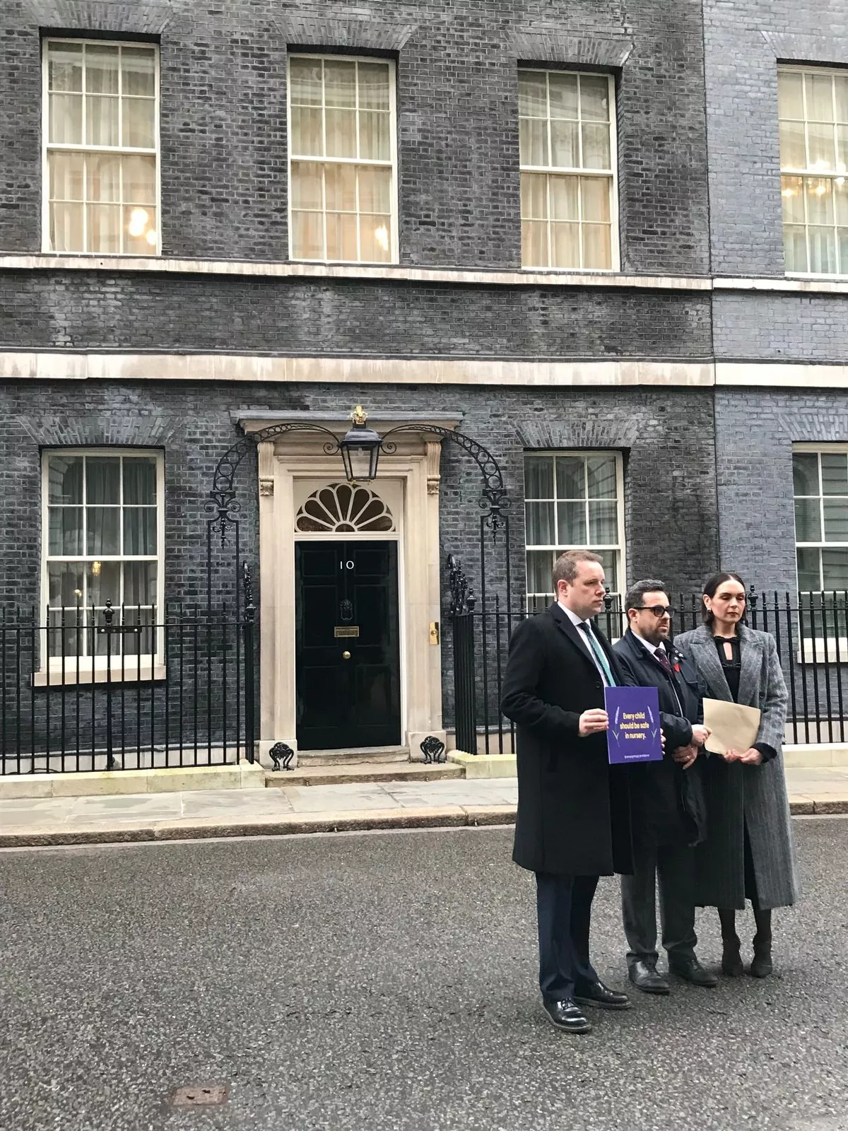 Tom Morrison MP, John Meehan and Katie Wheeler outside Number 10 Downing Street