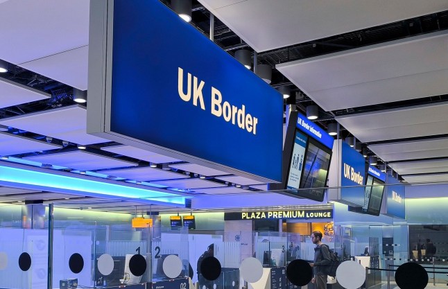 Mandatory Credit: Photo by Nicolas Economou/NurPhoto/Shutterstock (15236138d) UK Border sign is seen at the arrivals passport control and visa area of London Heathrow Airport LHR in London, England, United Kignodm on December 2024. As of April 2, 2025 the UK government strengthens immigration security screening for their borders with the introduction of ETA, the Electronica Travel Authorization scheme for visitors who are not required to obtain a visa to enter Great Britain. UK Border Sign, London, United Kingdom - 03 Apr 2025