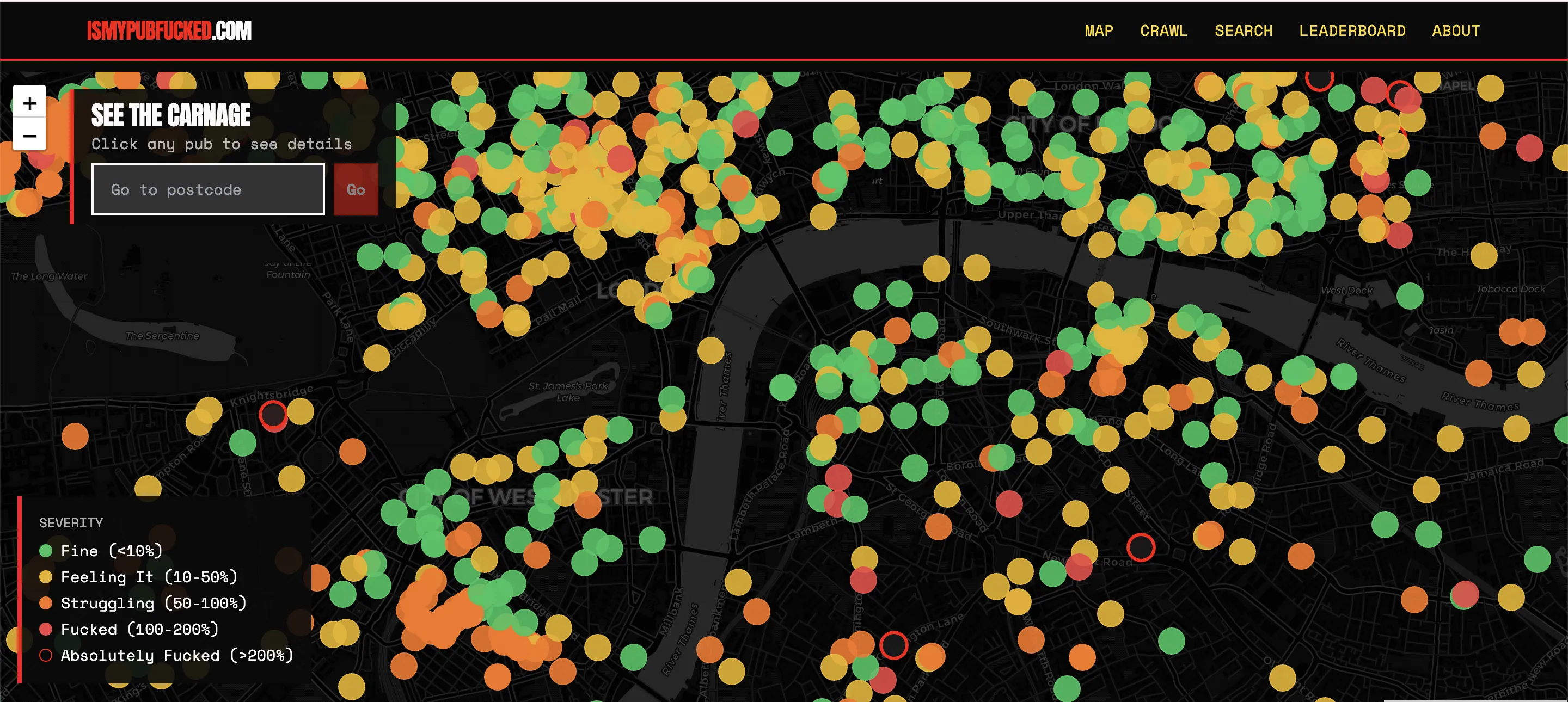 Map showing pubs at risk of closure in London
