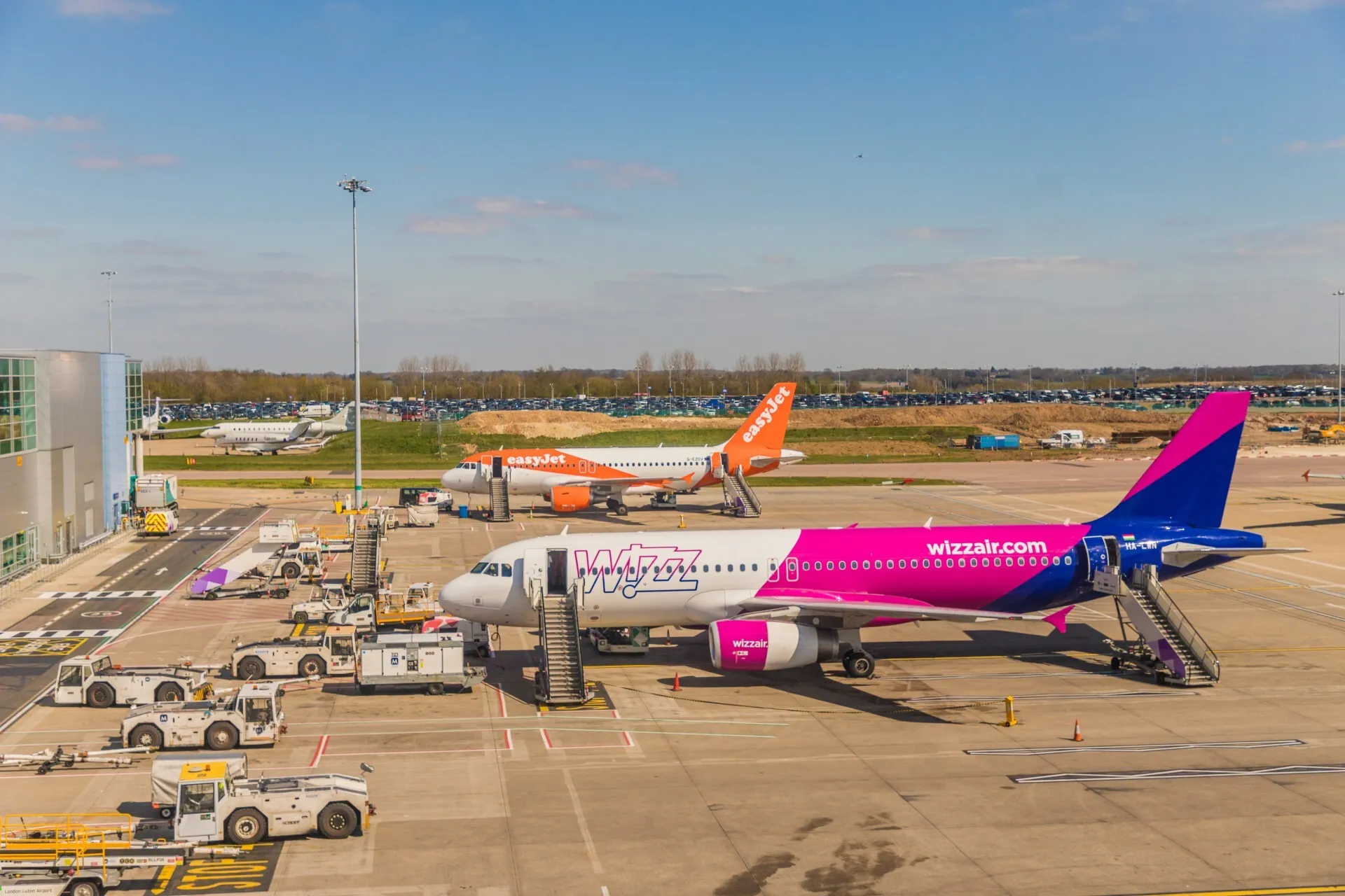 London Luton airport, with Wizz Air and easyJet planes