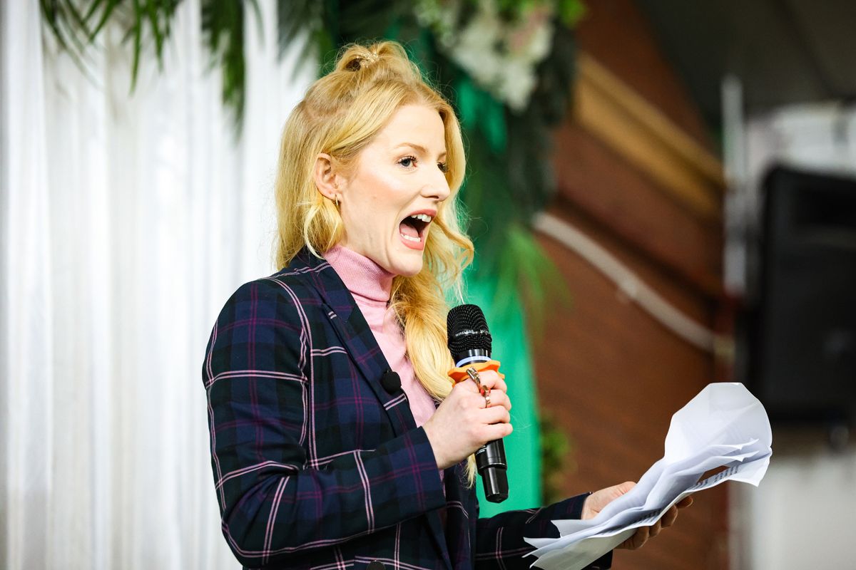 Green candidate Hannah Spencer speaking at the launch of her election bid in the Pakistani Community Centre, Longsight