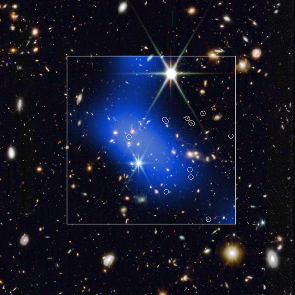 Image of the JADES-ID1 system, with the blue diffuse light showing the location of the diffuse X-ray emission observed with Chandra and the circles showing the location of galaxies discovered with JWST. Credit: NASA, Bodgan et al.