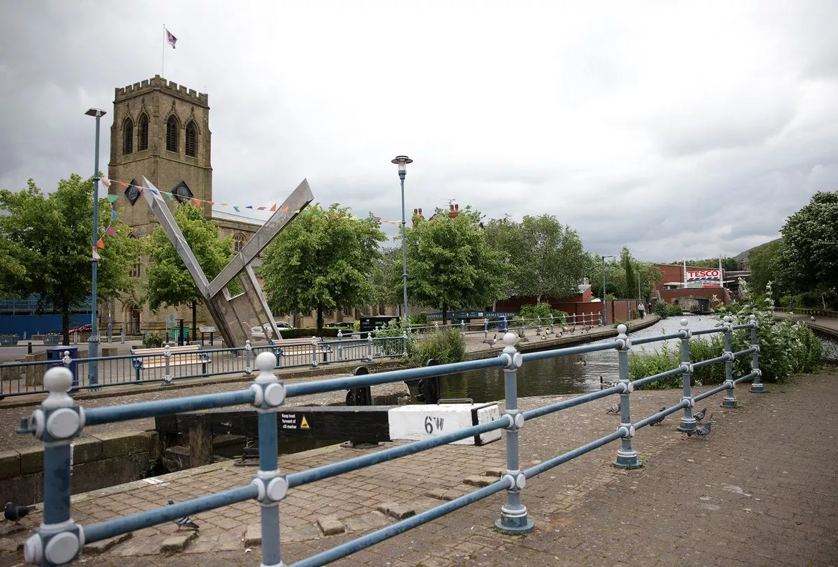 Stalybridge town centre with canal running through 