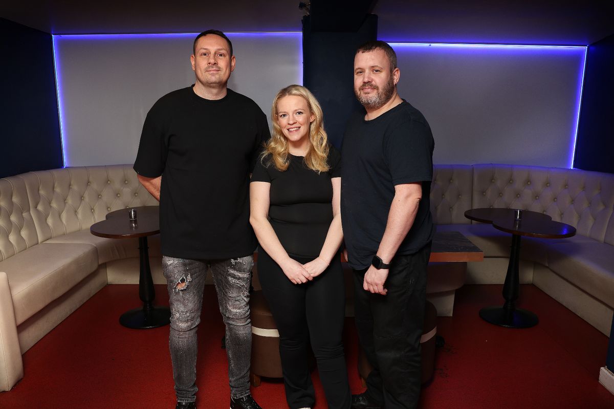 Joe Wilson (owner/DJ) , Ellie Johnson (owner) and Daniel Benson (general manager) at Hideout bar Manchester 