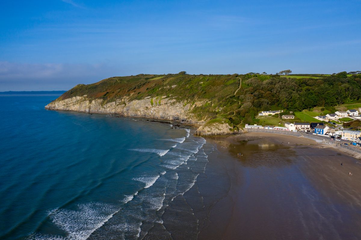 The village of Pendine seen from the air and showing the large beach
