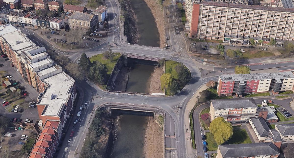 Bedminster Bridge roundabout, which connects Bedminster and Redcliffe, over the New Cut River Avon