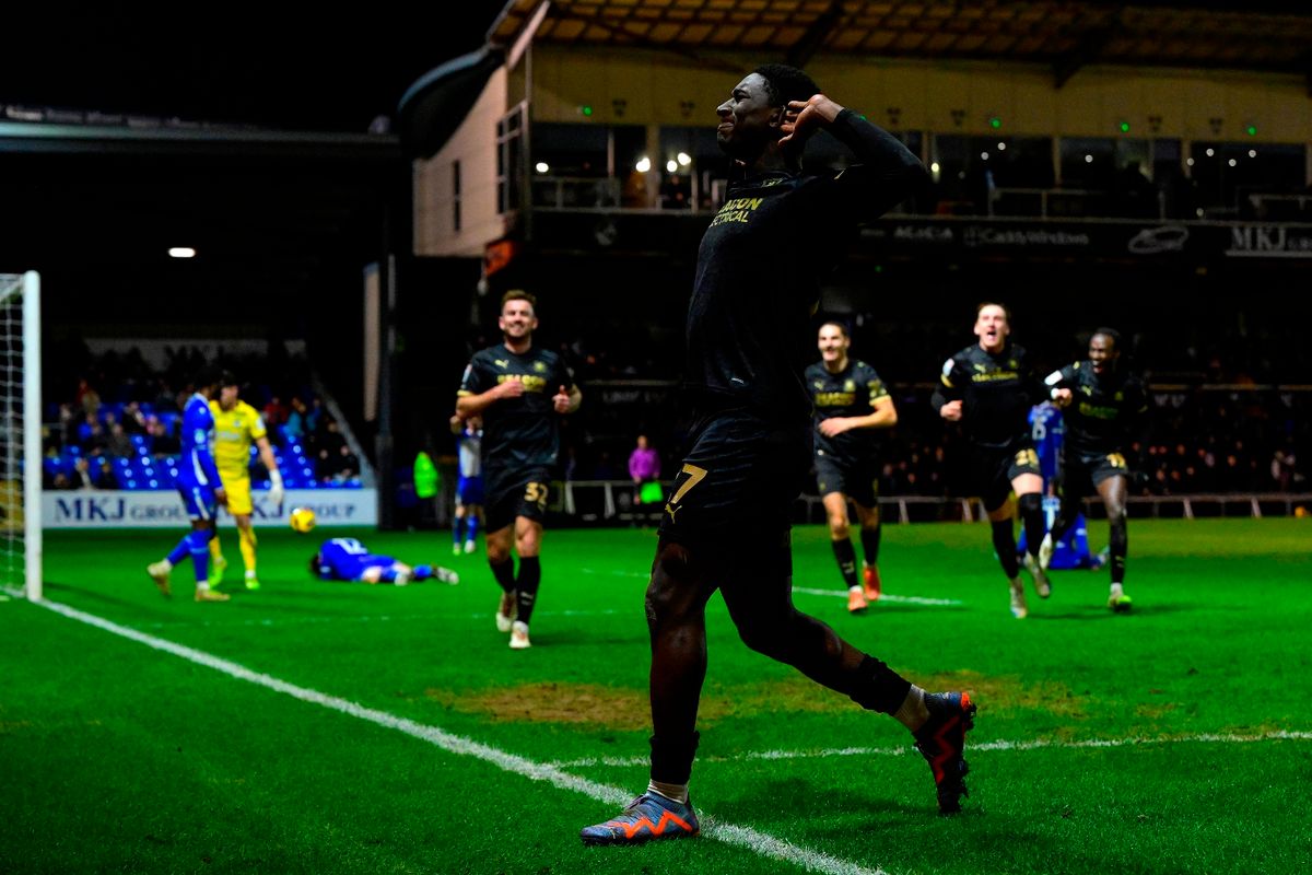 Winning Goal celebrations for Aribim Pepple of Plymouth Argyle during the Vertu Trophy Match between Bristol Rovers and Plymouth Argyle at Memorial Stadium on 13 January 2026. Photo: Tom Sandberg/PPAUK